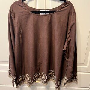 MAIN STREET BLUES Brown & Tan Embroidered Tunic Blouse (Size 2X)